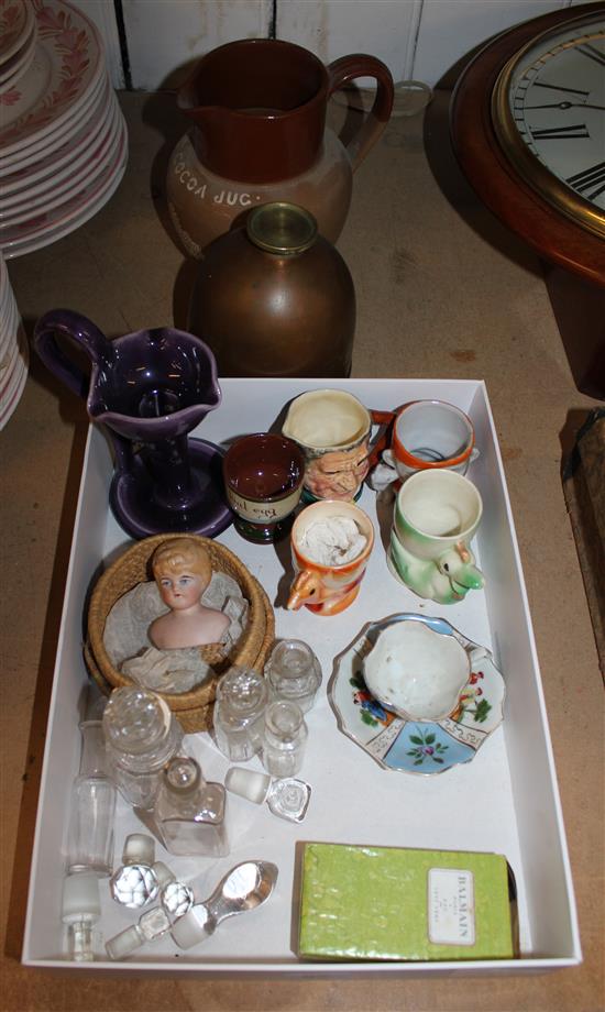 Bisque head doll, scent bottles, egg cups, etc